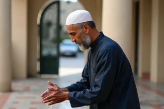 Homme musulman effectuant les ablutions avant la prière dans une cour de mosquée à Argenteuil