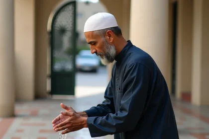 Homme musulman effectuant les ablutions avant la prière dans une cour de mosquée à Argenteuil