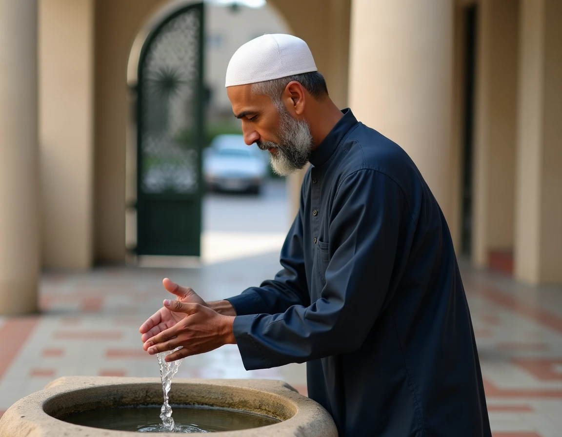 Homme musulman effectuant les ablutions avant la prière dans une cour de mosquée à Argenteuil