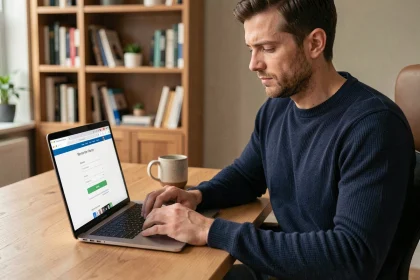 Homme connecté à un espace membre en ligne depuis son bureau à domicile