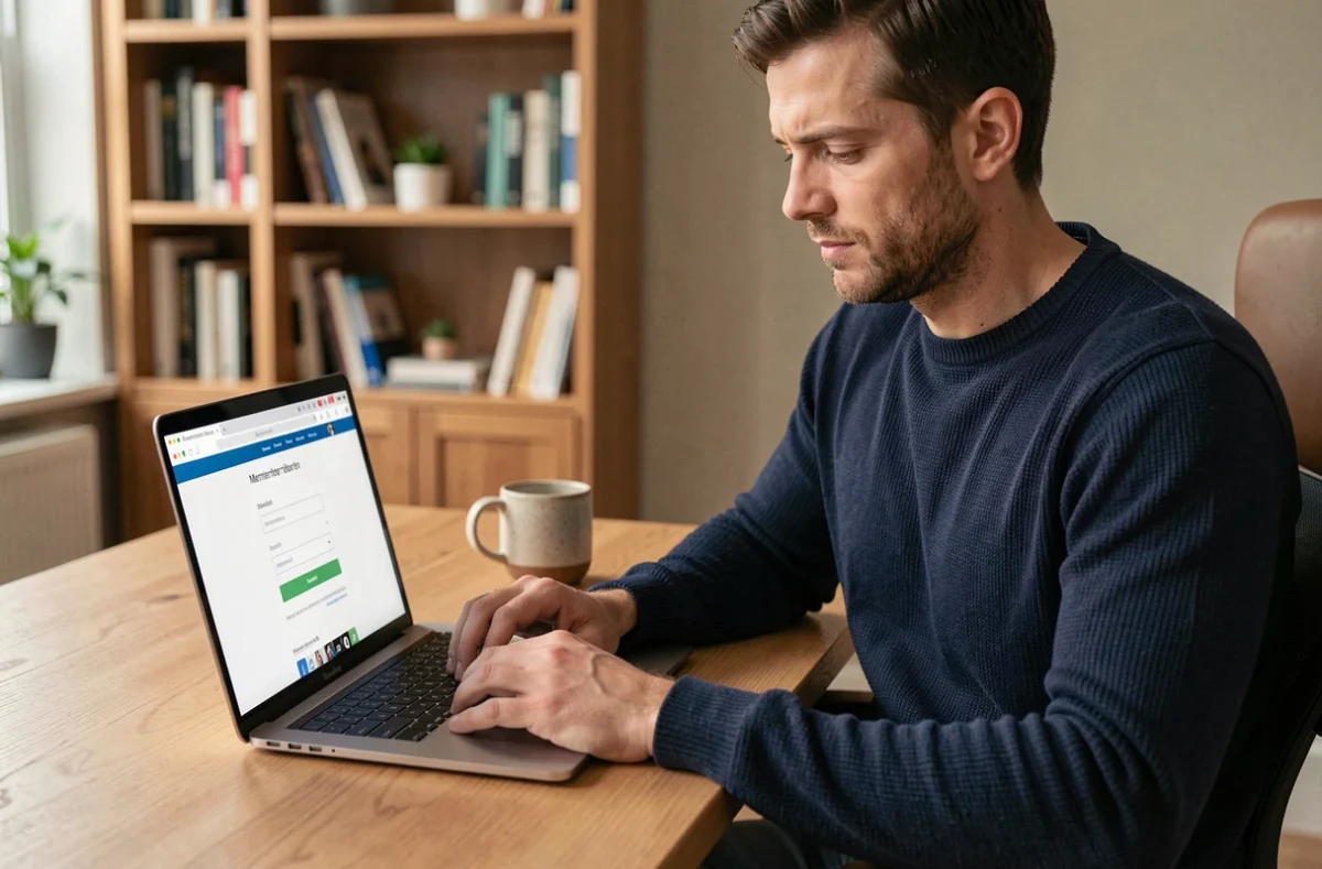 Homme connecté à un espace membre en ligne depuis son bureau à domicile