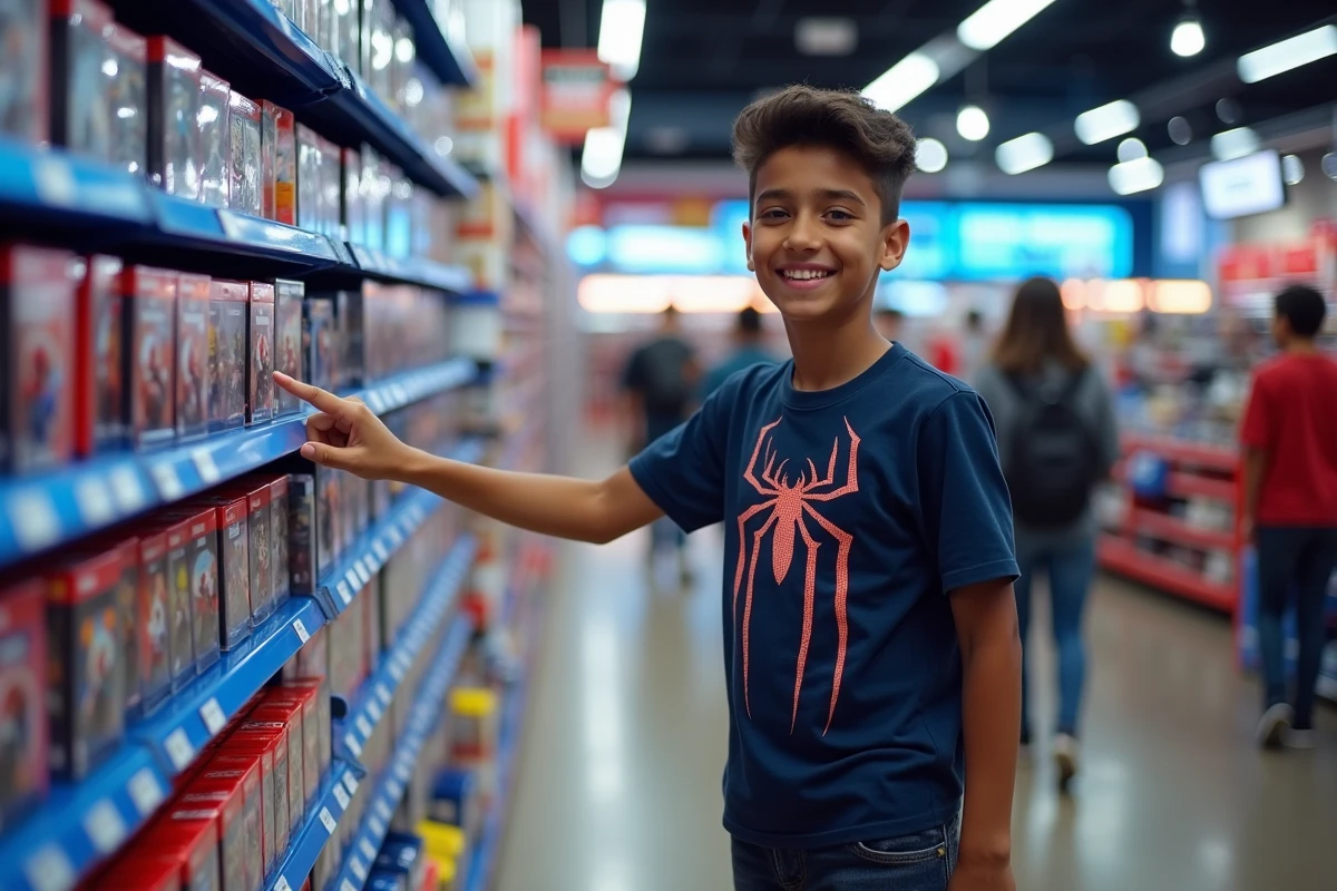 Adolescent découvrant le jeu Spider-Man Miles Morales dans un magasin de jeux vidéo