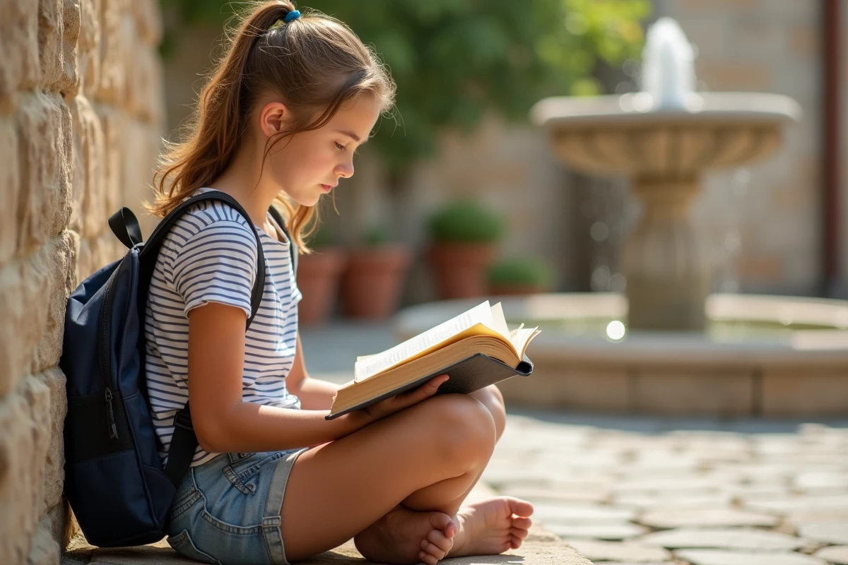 Adolescente lisant un guide de grammaire française sur des marches en pierre dans un village du sud de la France en vacances d'été