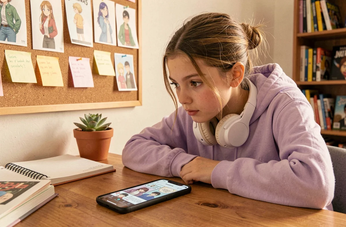 Adolescente parcourant des webtoons sur smartphone à son bureau dans sa chambre