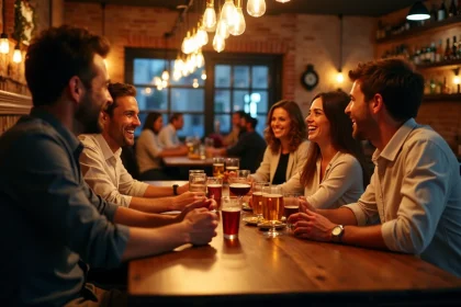 Groupe de collègues en afterwork dans un bar convivial de Toulouse avec verres de vin et tapas sur table en bois