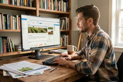 Agriculteur utilisant le logiciel Simagri en version gratuite sur ordinateur dans un bureau à domicile