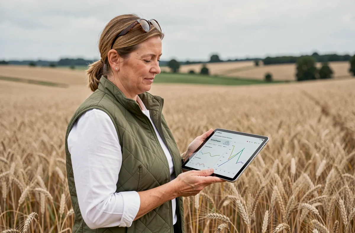 Agricultrice consultant Simagri sur tablette au bord d'un champ de blé en France