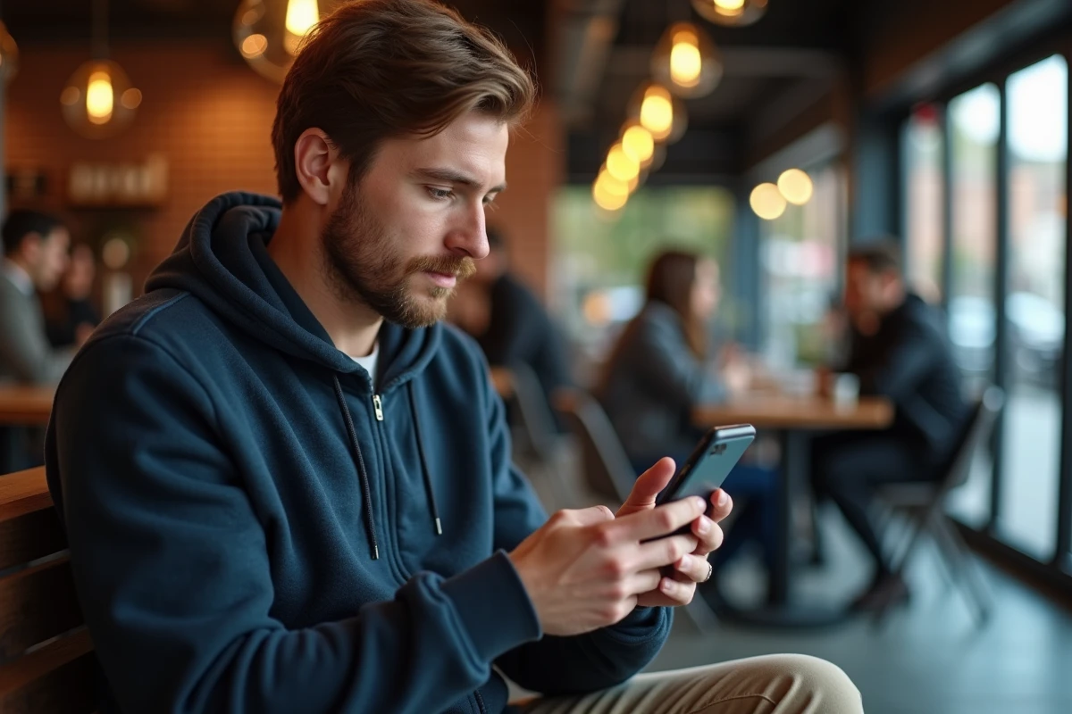 Homme configurant des alertes d'actualité peoples sur son smartphone dans un café urbain