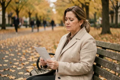 Femme seule sur un banc de parc en automne tenant une lettre, expression apaisée après une décision amoureuse difficile