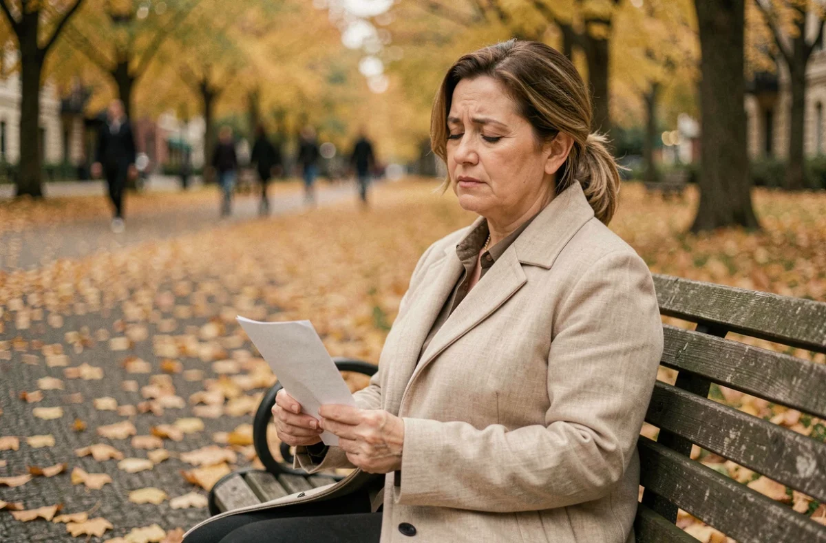 Femme seule sur un banc de parc en automne tenant une lettre, expression apaisée après une décision amoureuse difficile
