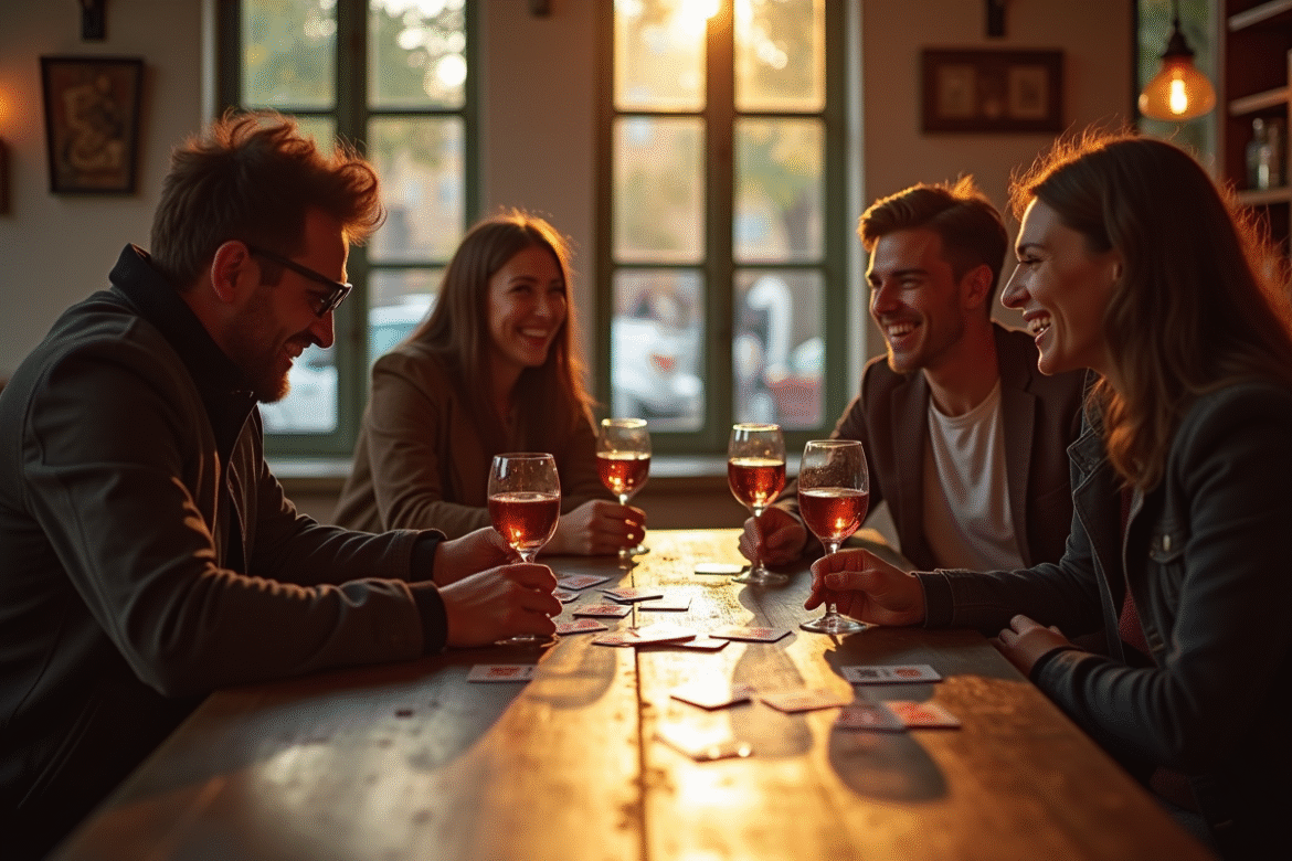 Quatre amis jouant à la belote dans un café rustique