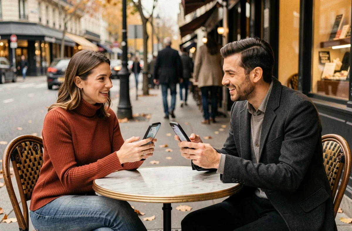 Deux amis en terrasse de café parisien débattant des critiques américaines de la série Netflix A House of Dynamite sur leurs téléphones