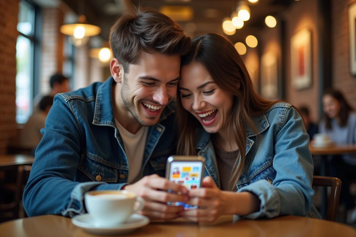 Deux amis réagissant avec enthousiasme à la lecture d'un scan de One Piece arc Egghead sur smartphone dans un café urbain