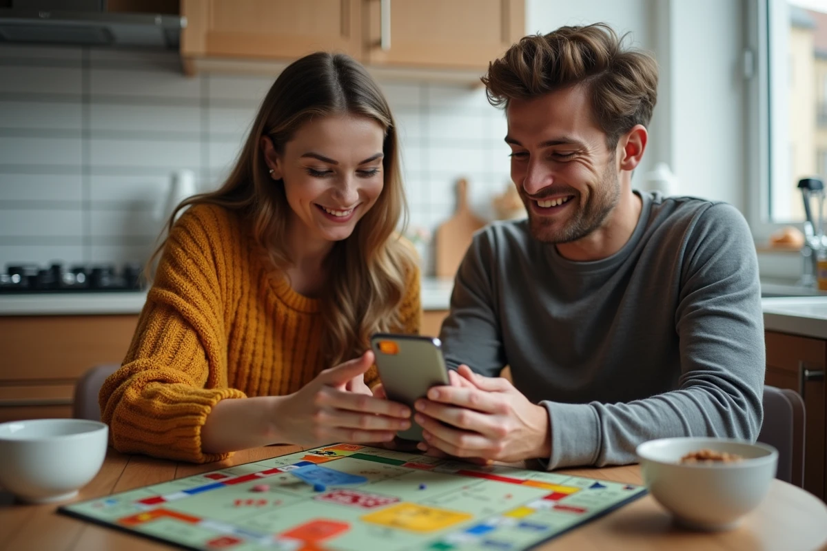 Deux amis jouant à Monopoly GO ensemble autour d'un plateau de jeu, consultant des dés gratuits sur mobile
