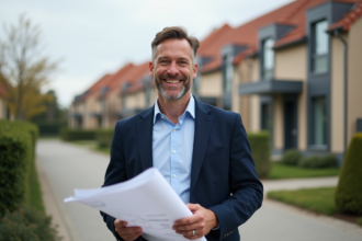 Architecte confiant devant une maison moderne neuve