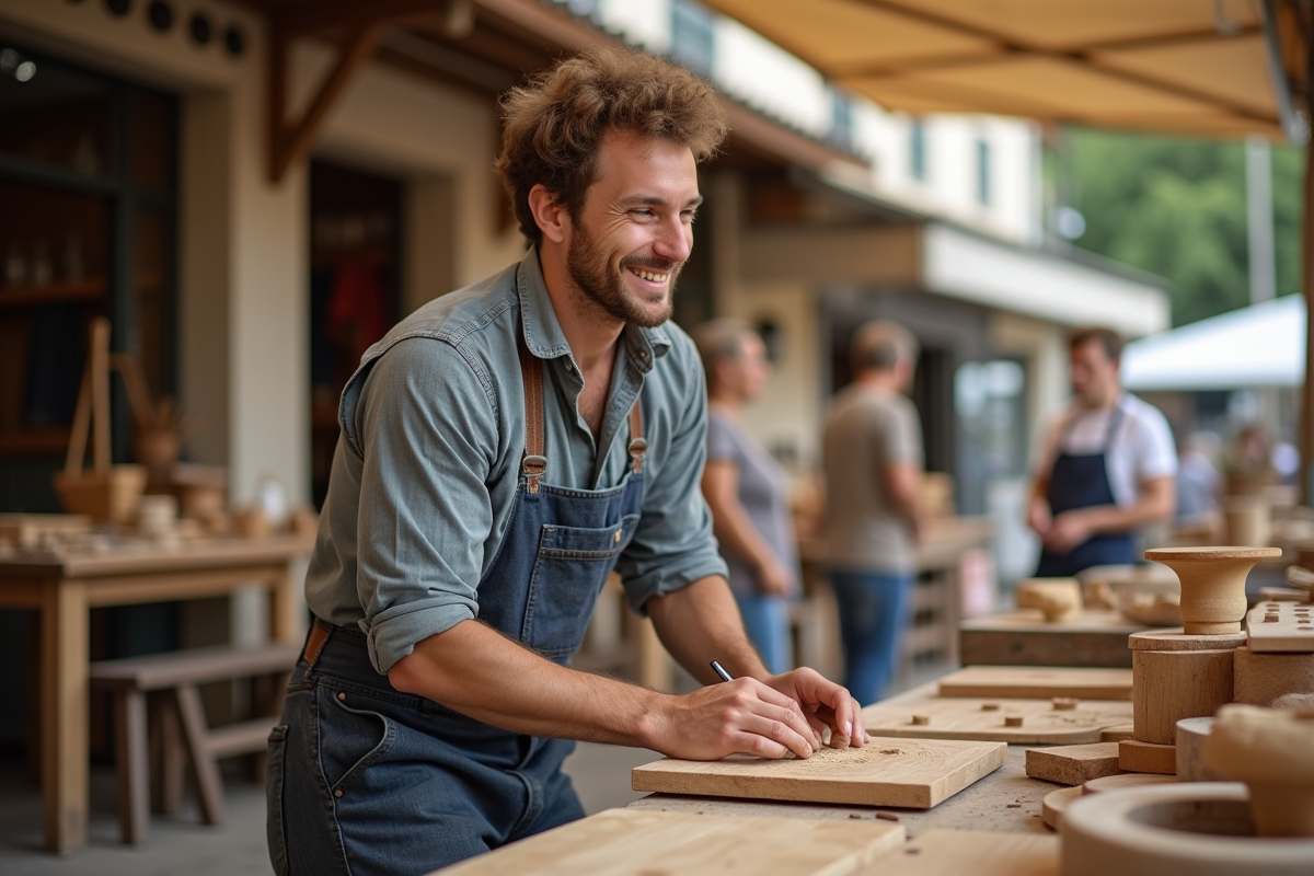 Jeune artisan riant en fabriquant des objets en bois au marché