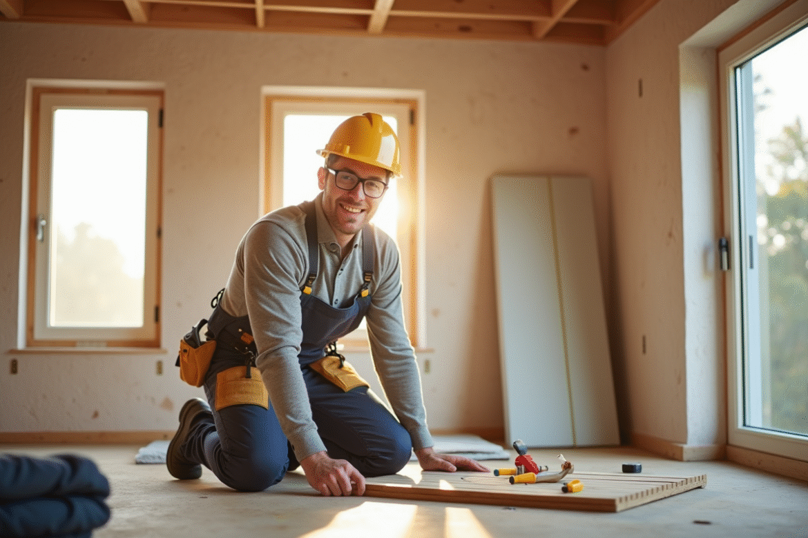 artisan souriant installant isolation dans une maison lumineuse