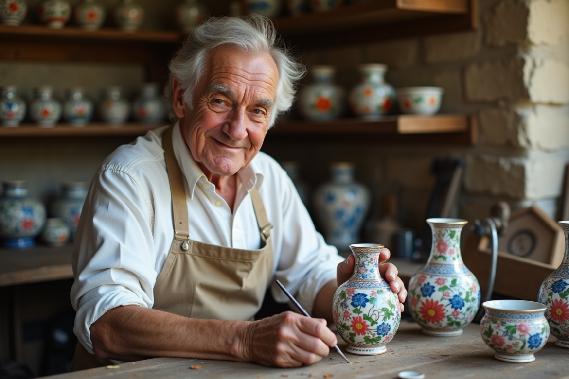 Artisan ancien peint un vase en enamel Longwy
