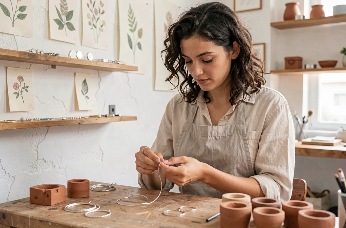 Artisane joaillière de l'Atelier d'Amaya façonnant à la main un bracelet en argent dans son studio artisanal à Toulouse
