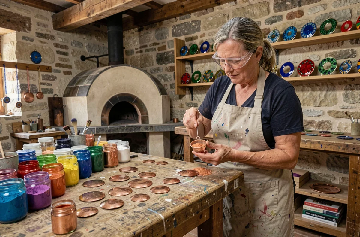 Artisane d'Au fil d'émaux à Moissac appliquant de la poudre d'émail sur un pendentif en cuivre dans son atelier aux murs en pierre avec des bijoux émaillés colorés en arrière-plan