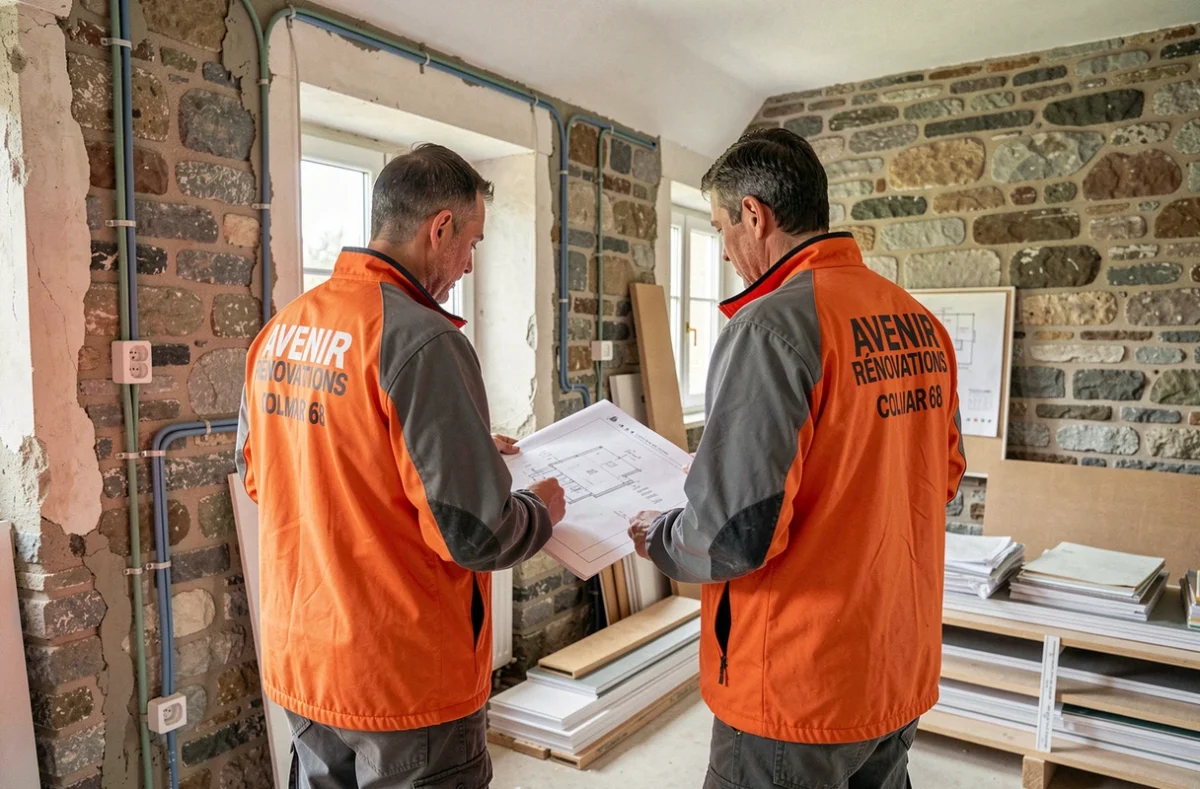 Deux techniciens d'Avenir Rénovations Colmar 68 coordonnant des travaux de rénovation électrique dans une maison alsacienne