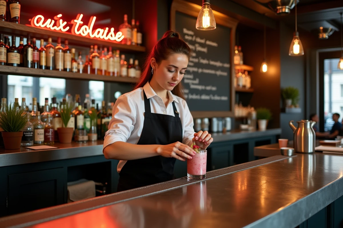Barman préparant des cocktails artisanaux derrière le comptoir d'un bar tendance à Toulouse