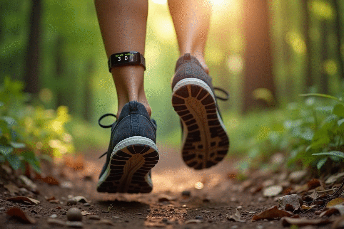 Chaussures de sport sur un sentier en forêt avec un tracker de fitness affichant 14000 pas