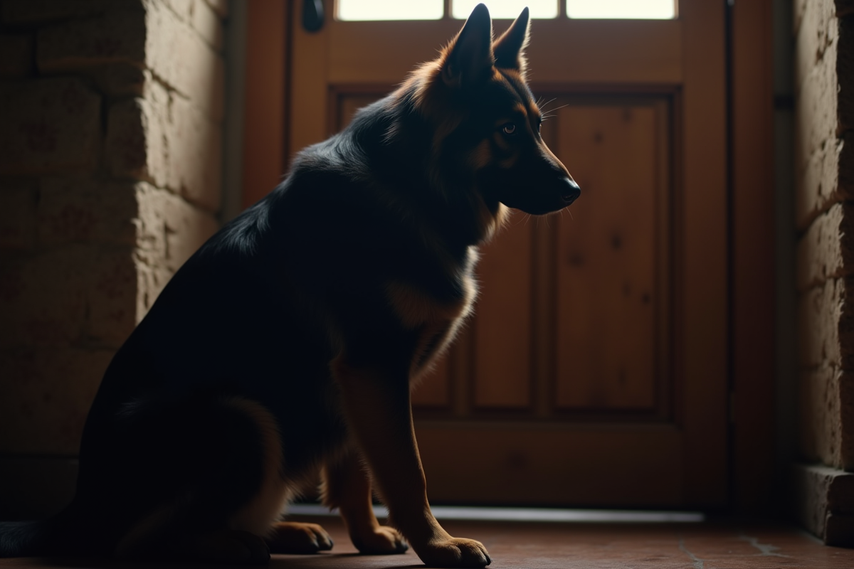 Chien berger allemand noir assis près d