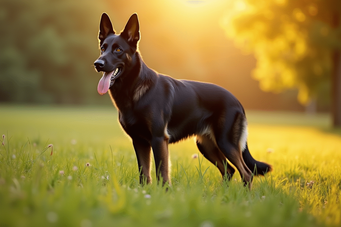 Chien berger allemand noir en extérieur en plein soleil