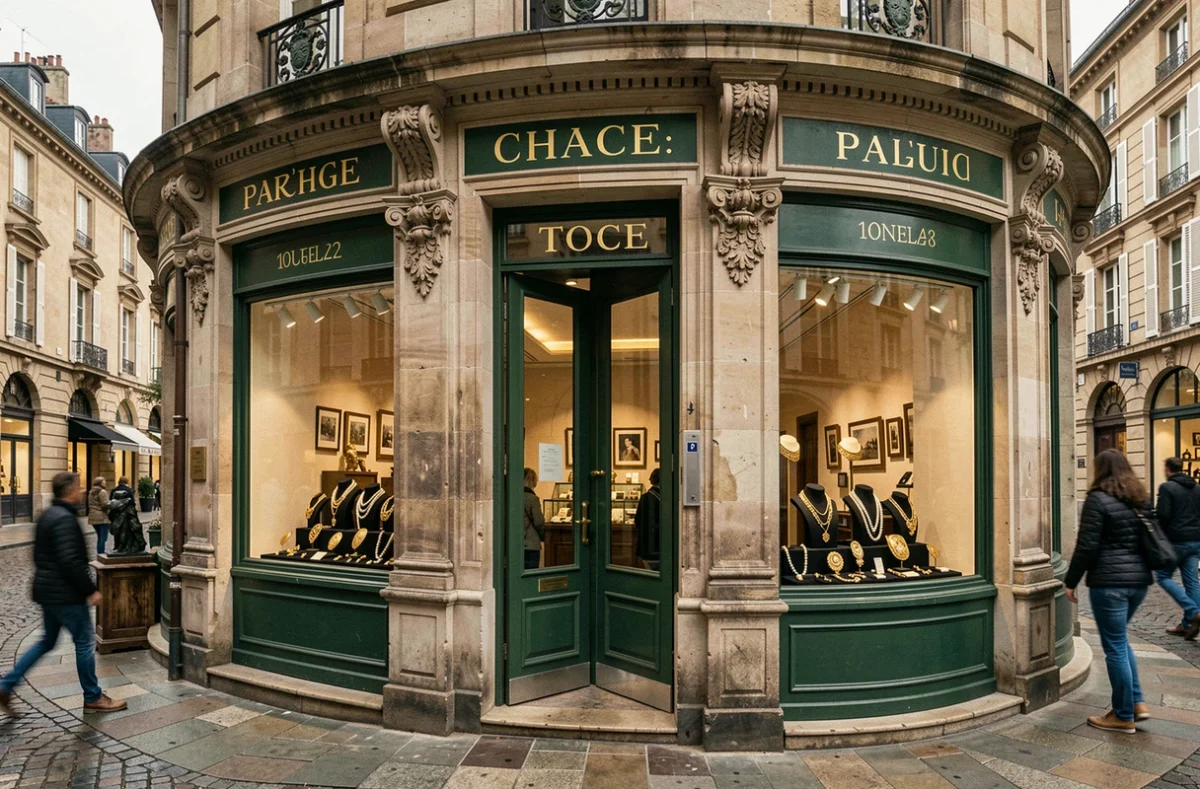 Devanture historique de la Bijouterie Pujol sur la place Jeanne d'Arc à Toulouse avec sa façade en pierre sculptée et sa vitrine de bijoux anciens