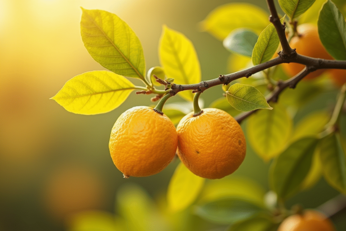 Gros plan sur une branche de citronnier avec feuilles jaunes