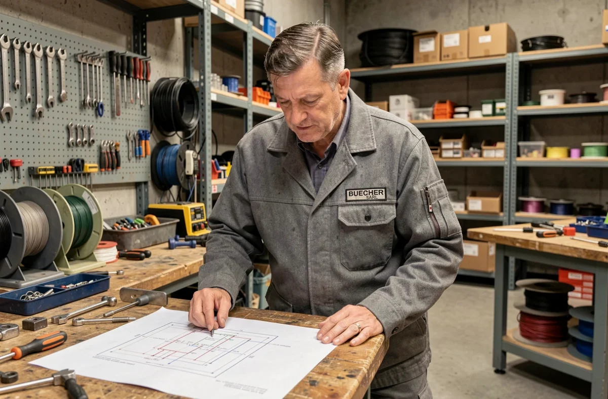L'artisan électricien de M. Buecher Sarl étudiant un schéma électrique dans son atelier professionnel à Colmar