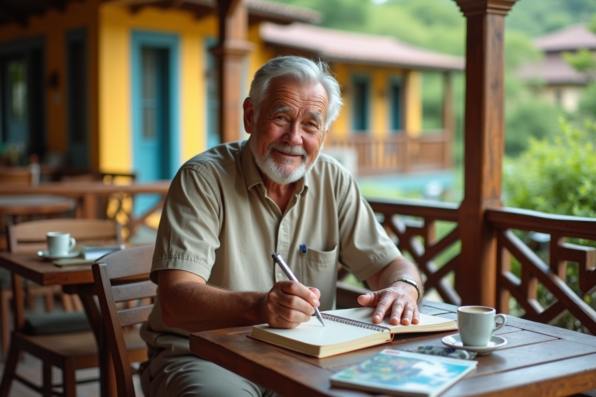 Homme âgé prenant des notes dans un café en Costa Rica