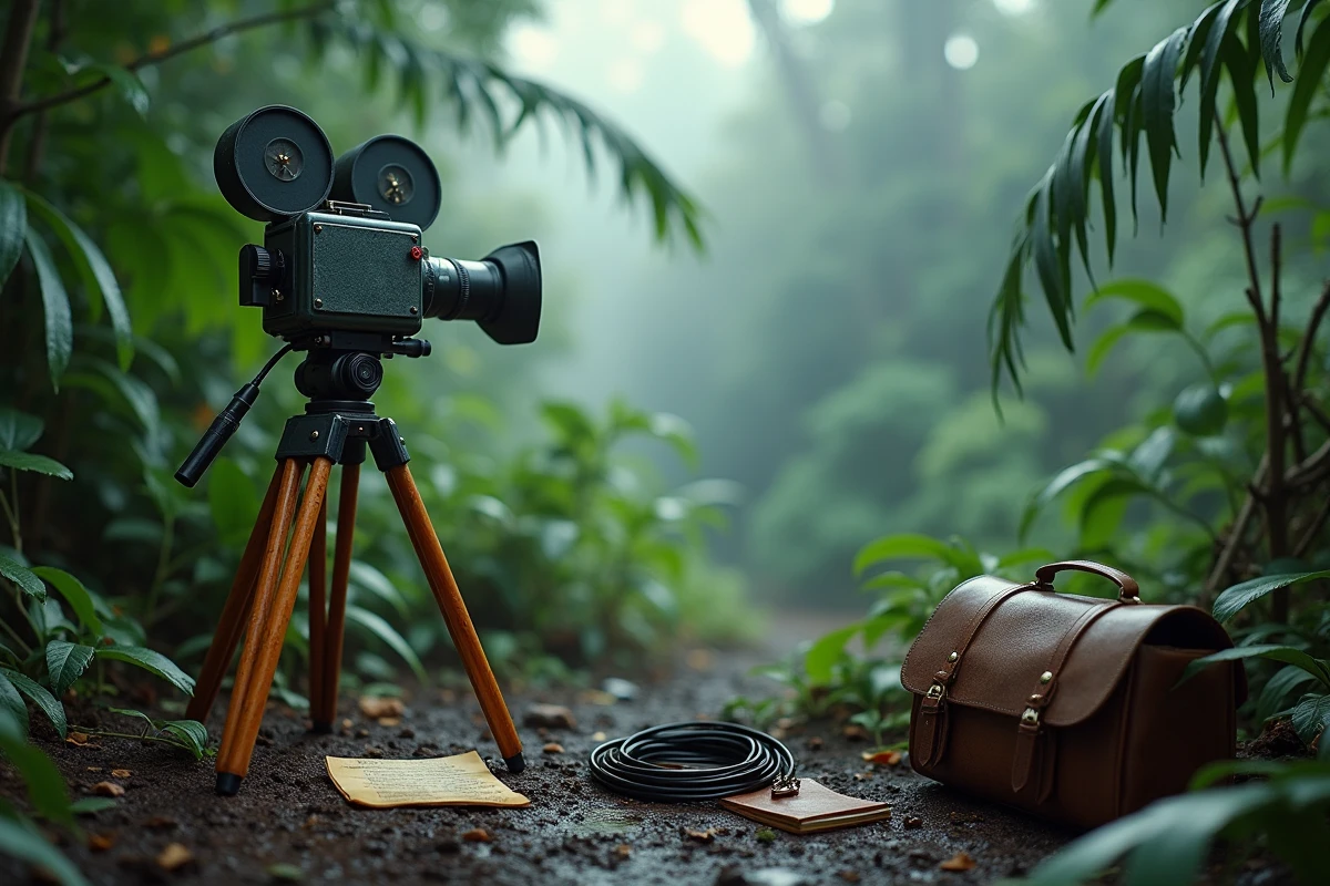 Caméra 16mm vintage sur trépied en bois dans une jungle tropicale lors d'un tournage de film sur la guerre du Vietnam