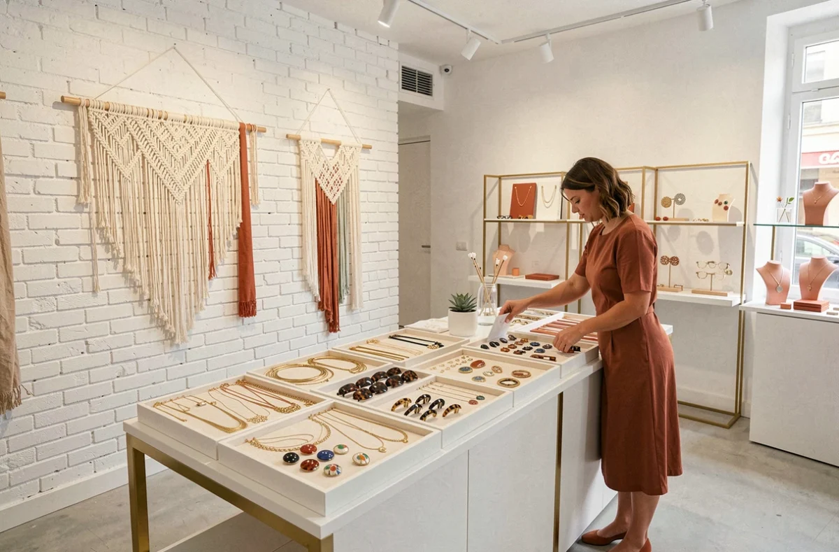 Boutique Carlita à Montpellier avec son intérieur minimaliste en brique blanche présentant des bijoux dorés, accessoires en écaille et broches émaillées