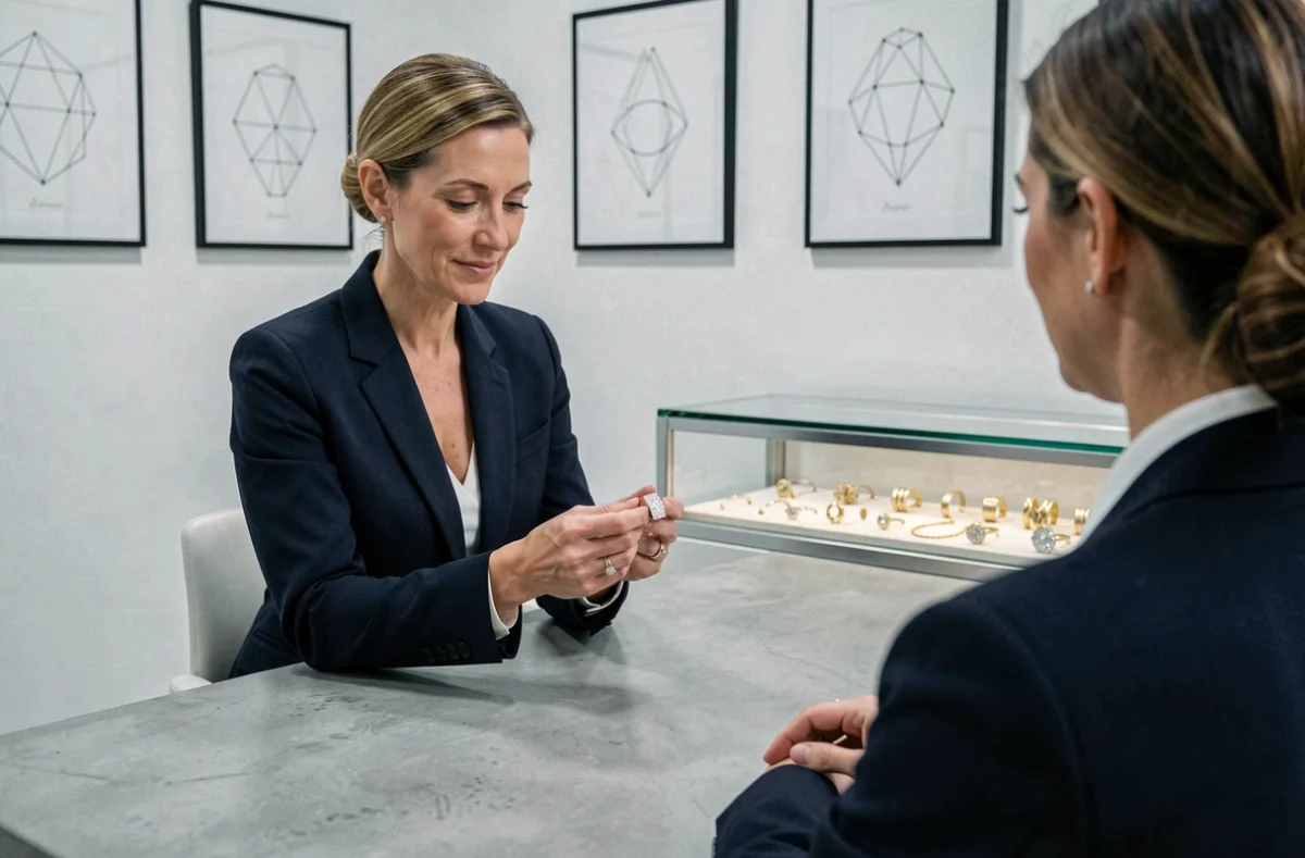 Carole Wiroth, créatrice joaillière à Toulouse, présentant une bague haute joaillerie à une cliente dans son studio contemporain au décor épuré