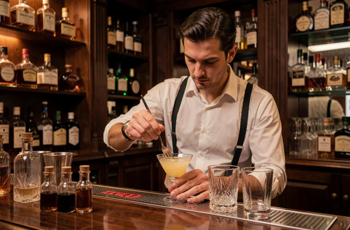 Barman préparant un cocktail dans l'ambiance clandestine et feutrée du bar Carry Nation à Marseille