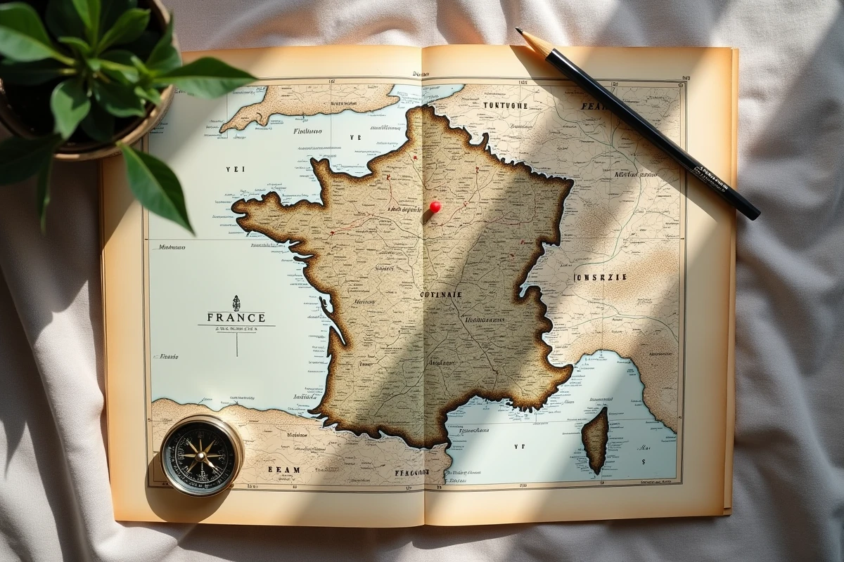 Carte physique de France en vue aérienne avec la ville de Toulouse épinglée dans la région Occitanie
