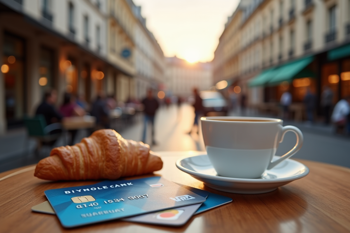 Trois cartes bancaires françaises sur une table en bois avec café et croissant en fond