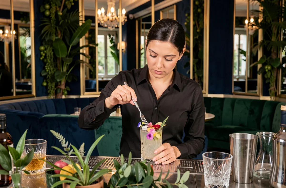 Barmaid qui garnit avec soin un cocktail élaboré dans le cadre sophistiqué du bar Céleste à Aix-en-Provence