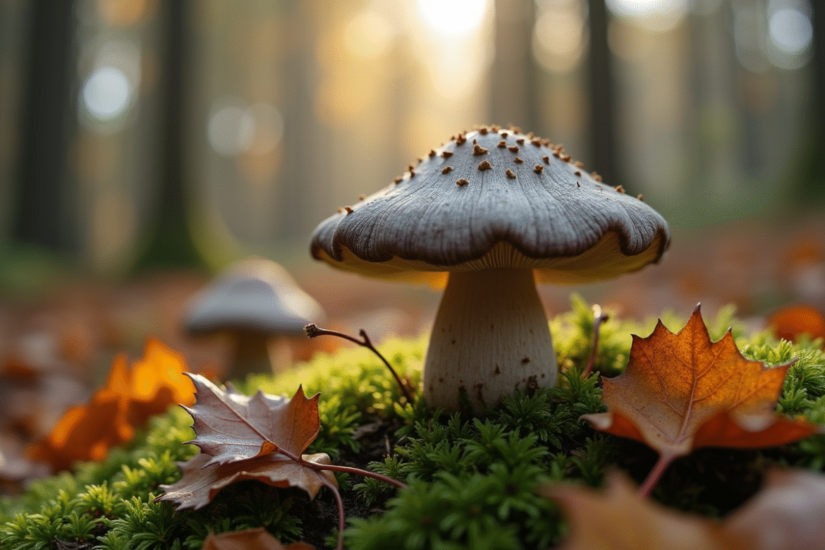 Champignon girolle grise sur sol forestier automnal