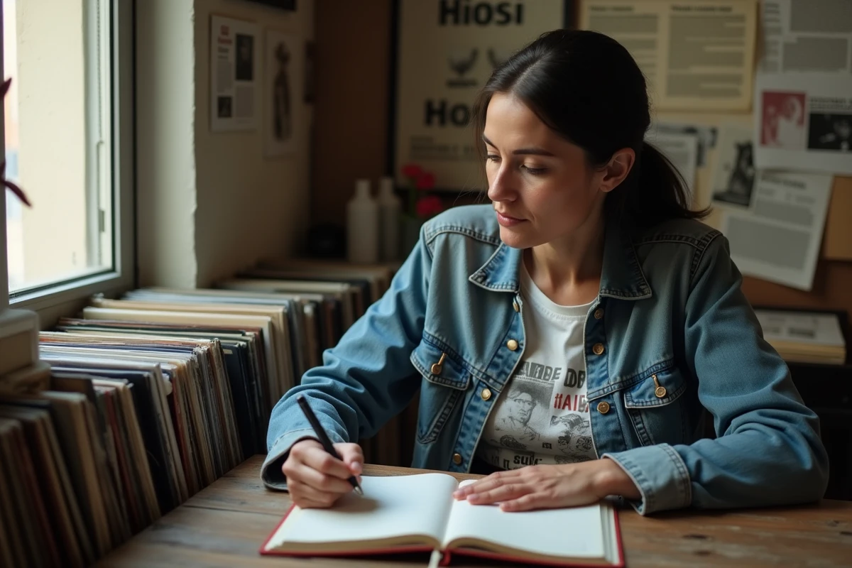 Artiste italienne écrivant des paroles engagées dans son studio romain entouré de vinyles et de coupures de journaux militants