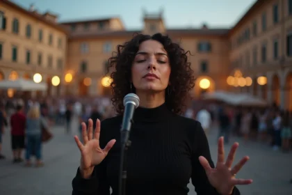 Chanteuse italienne engagée se produisant en plein air dans une piazza historique, microphone en main, expression intense lors d'une performance militante