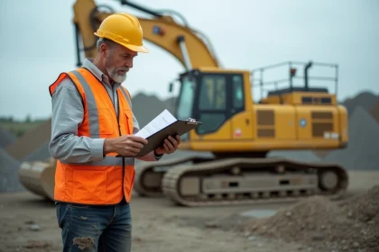 Chef de chantier analysant des documents devant une pelle mécanique jaune sur un site de construction en activité