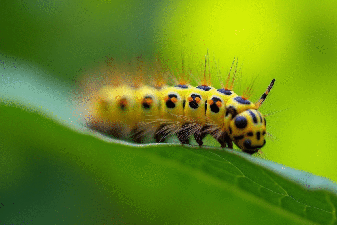 Chenille jaune et noire sur une feuille verte en extérieur