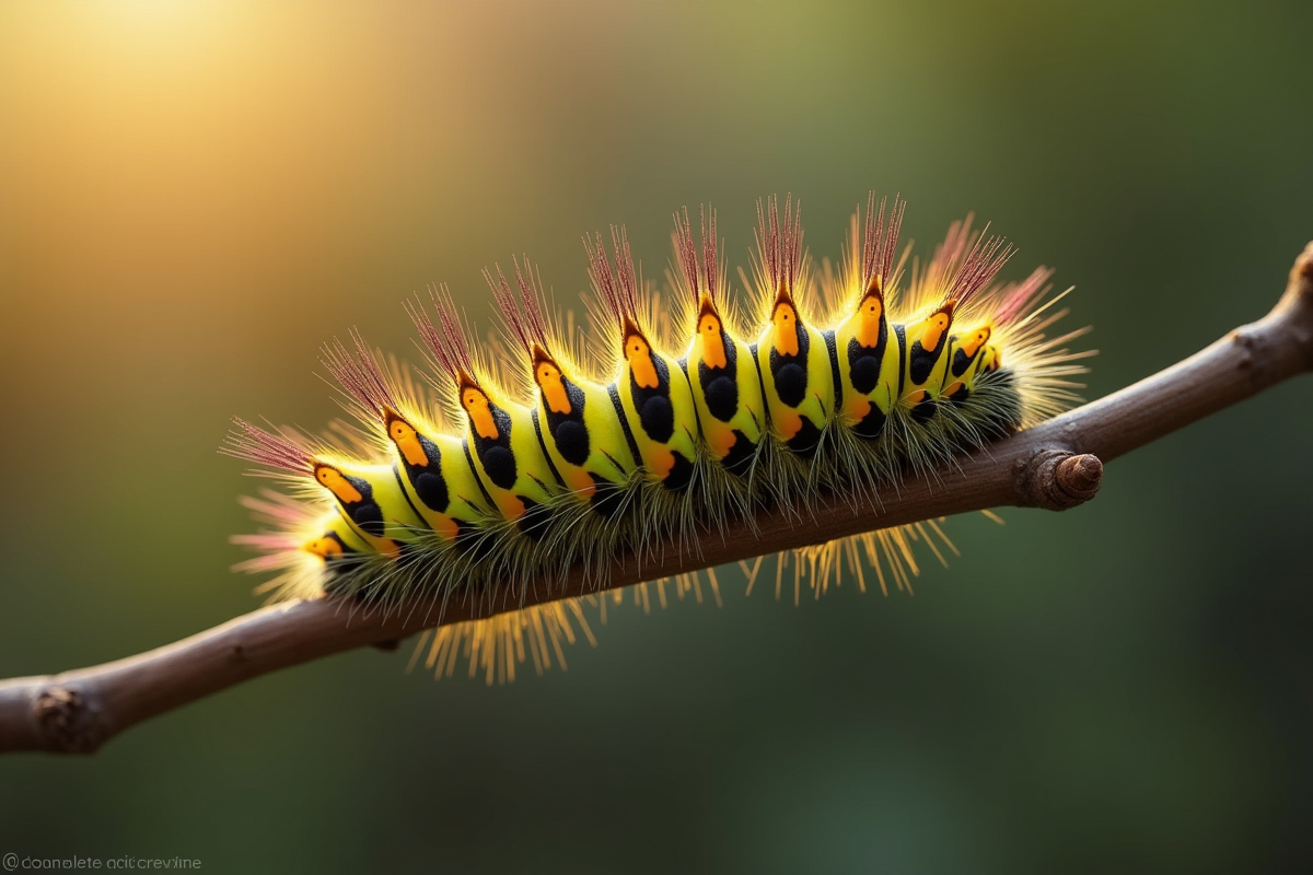 Gros plan d une chenille en métamorphose sur une branche