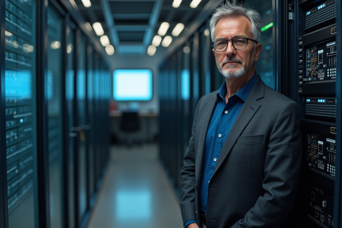 Chercheur en costume devant un serveur quantique moderne