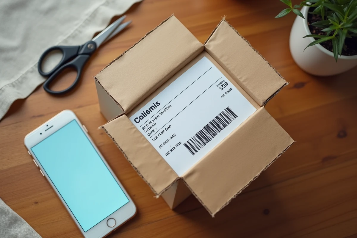 Colis Colissimo ouvert sur une table en bois avec étiquette de livraison et smartphone affichant le suivi de commande