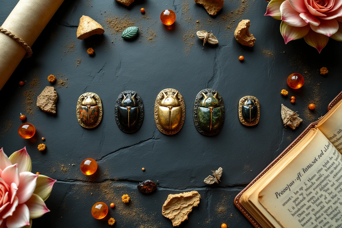 Collection de scarabées symboliques en obsidienne, résine dorée et céramique peinte disposés sur ardoise avec fleurs de lotus séchées et fragments de papyrus