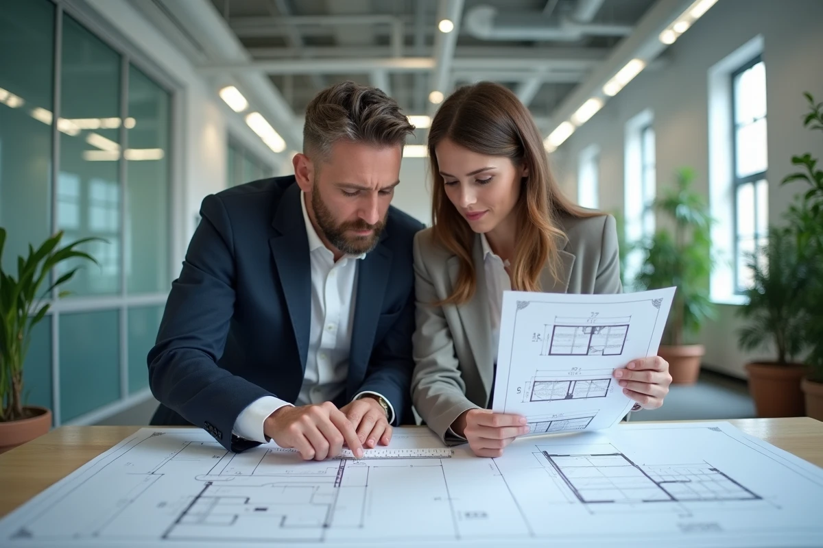 Deux collègues examinant des plans architecturaux avec une fiche de conversion pieds en centimètres dans un bureau moderne